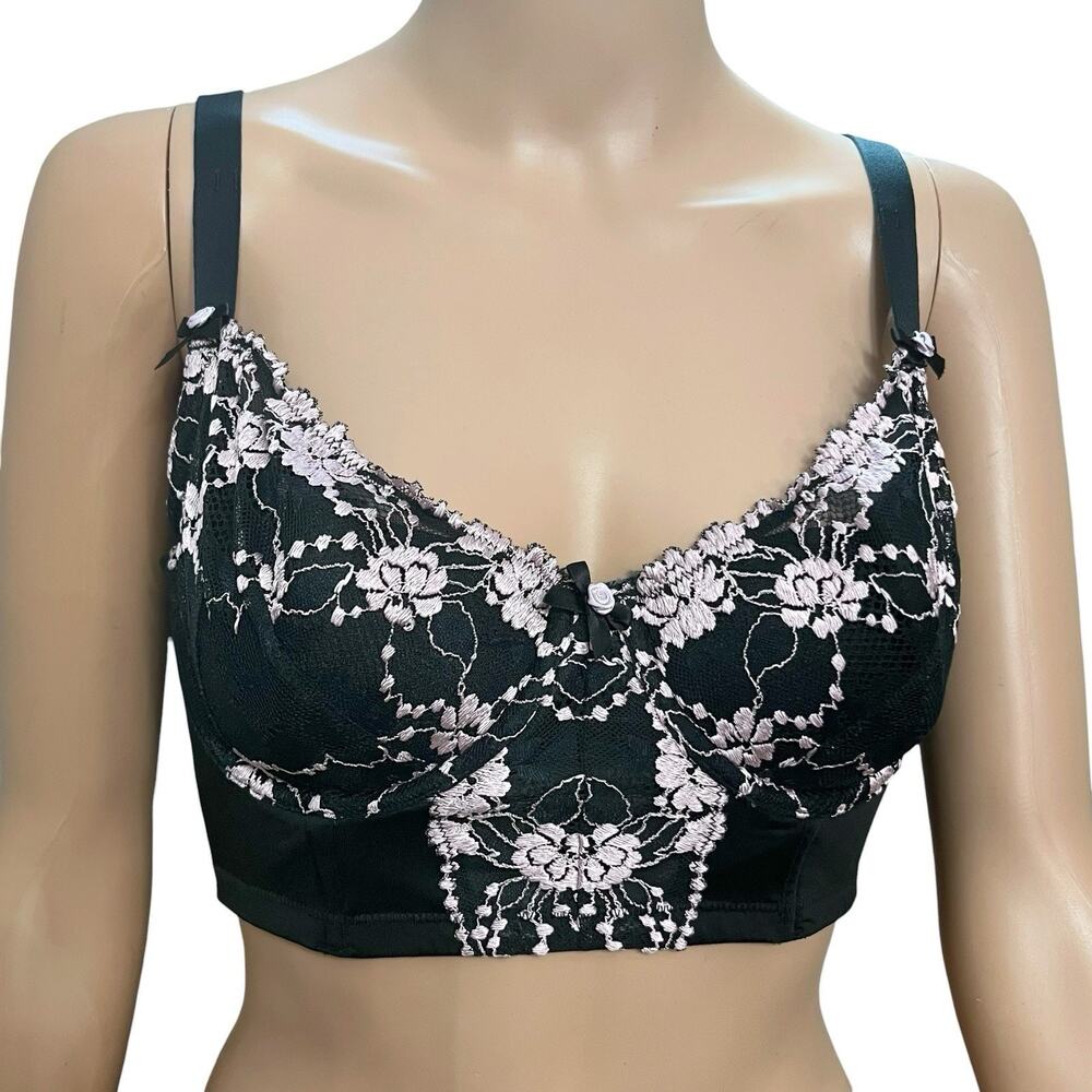 Cacique Lightly Lined French Balconette Bra 38C Floral Embroidery Longline Black